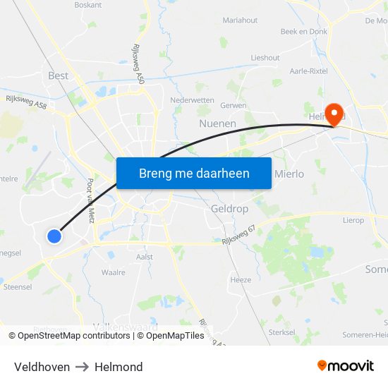 Veldhoven to Helmond map