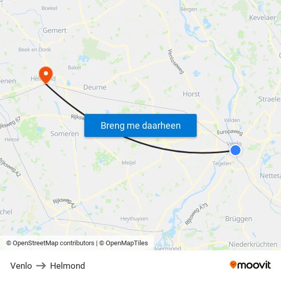 Venlo to Helmond map