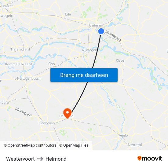 Westervoort to Helmond map