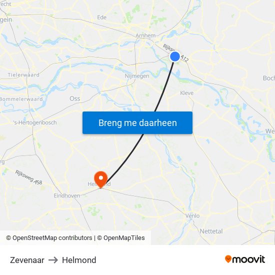 Zevenaar to Helmond map