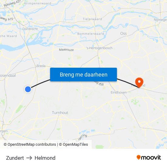 Zundert to Helmond map