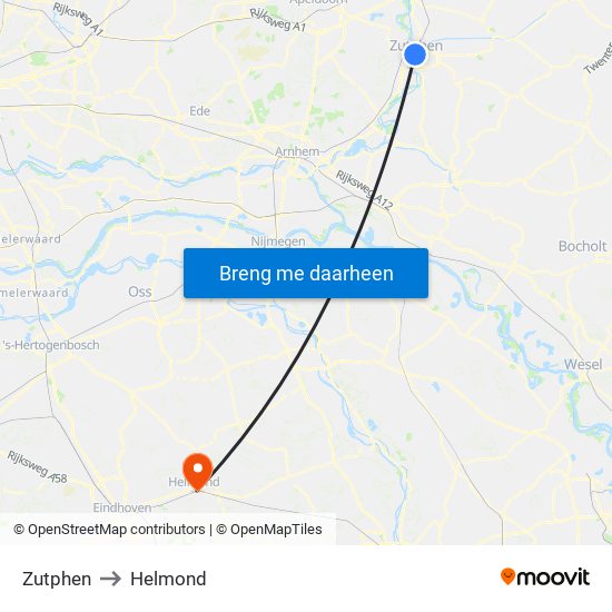 Zutphen to Helmond map