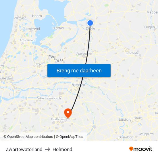 Zwartewaterland to Helmond map