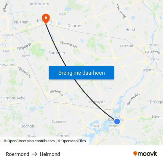 Roermond to Helmond map