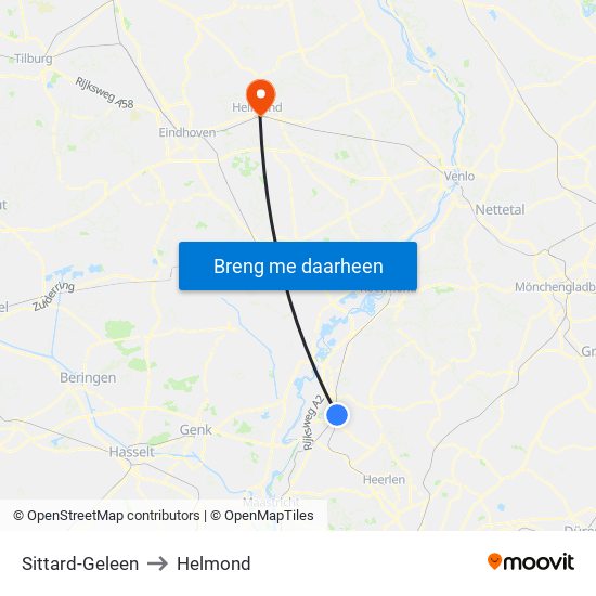 Sittard-Geleen to Helmond map