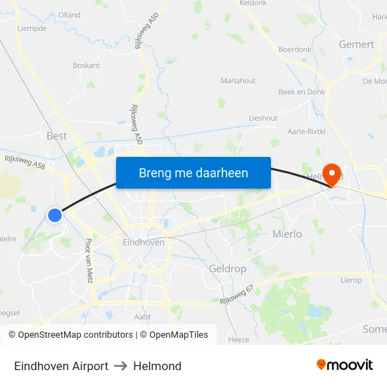 Eindhoven Airport to Helmond map
