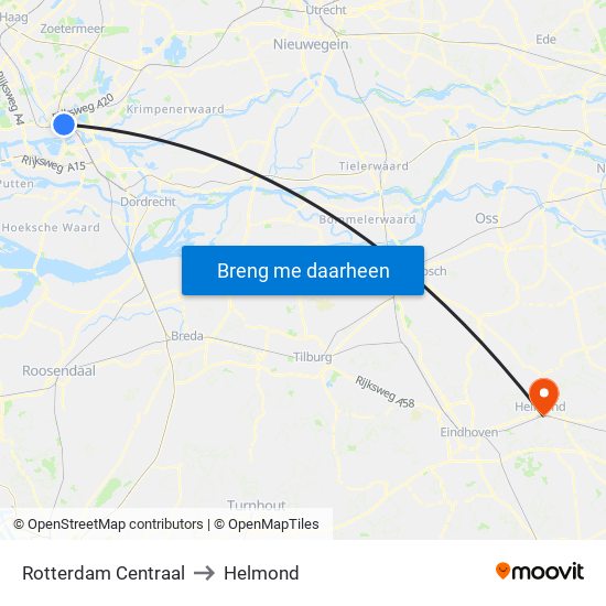 Rotterdam Centraal to Helmond map