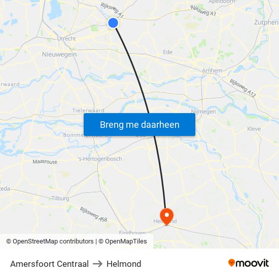 Amersfoort Centraal to Helmond map
