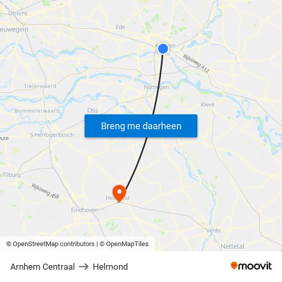 Arnhem Centraal to Helmond map