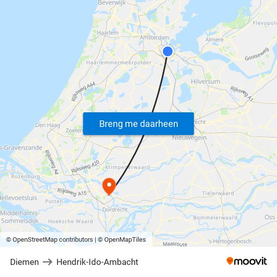 Diemen to Hendrik-Ido-Ambacht map