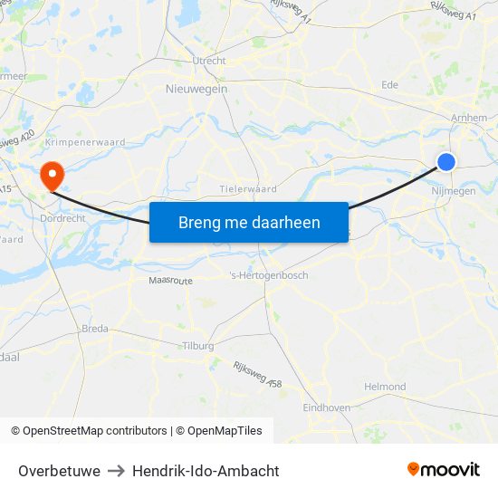 Overbetuwe to Hendrik-Ido-Ambacht map