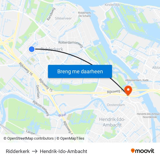 Ridderkerk to Hendrik-Ido-Ambacht map