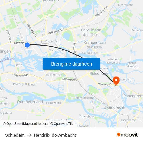 Schiedam to Hendrik-Ido-Ambacht map