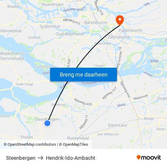 Steenbergen to Hendrik-Ido-Ambacht map