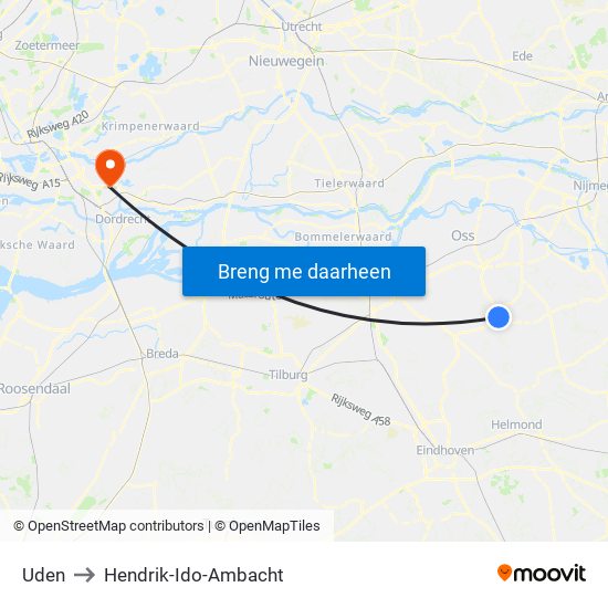 Uden to Hendrik-Ido-Ambacht map