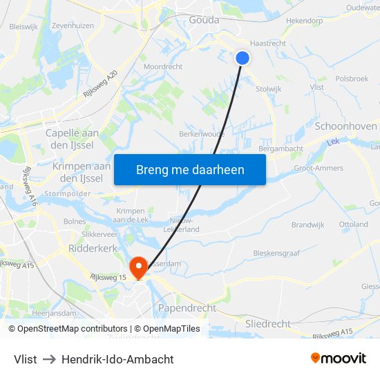 Vlist to Hendrik-Ido-Ambacht map