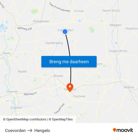 Coevorden to Hengelo map