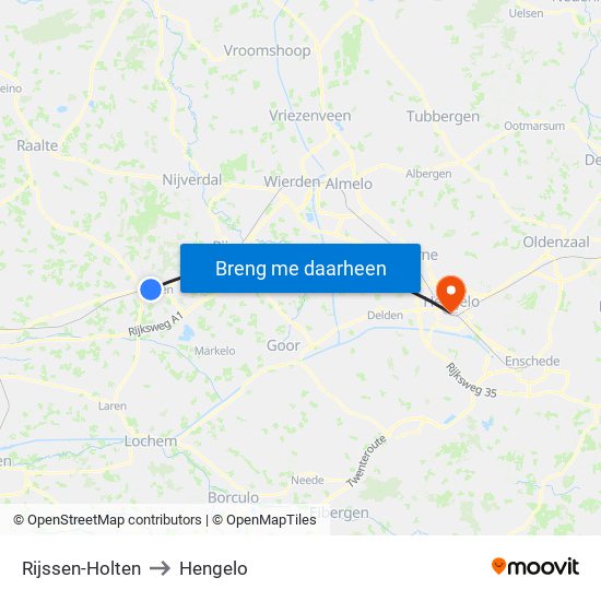 Rijssen-Holten to Hengelo map