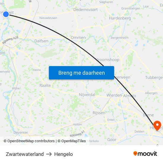 Zwartewaterland to Hengelo map