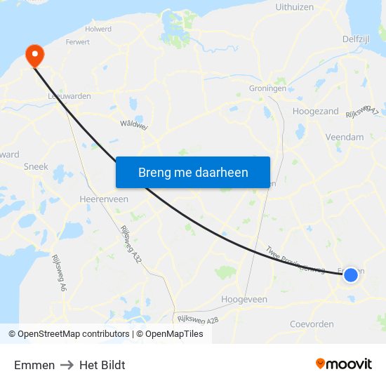 Emmen to Het Bildt map