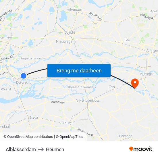 Alblasserdam to Heumen map