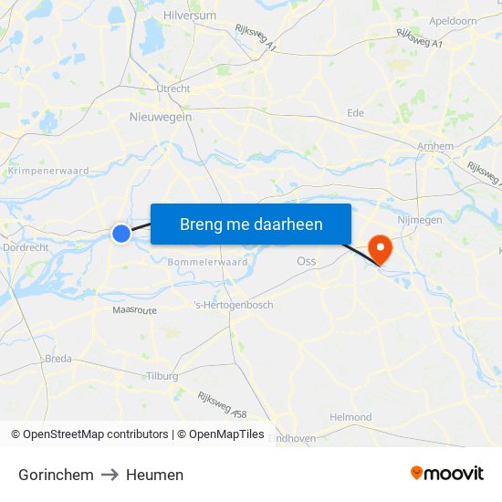 Gorinchem to Heumen map