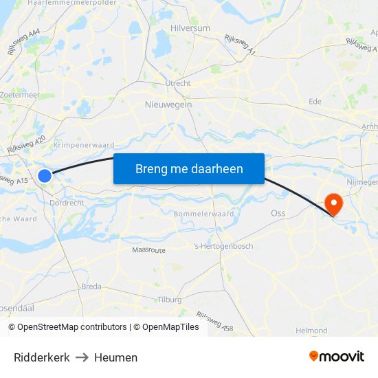Ridderkerk to Heumen map