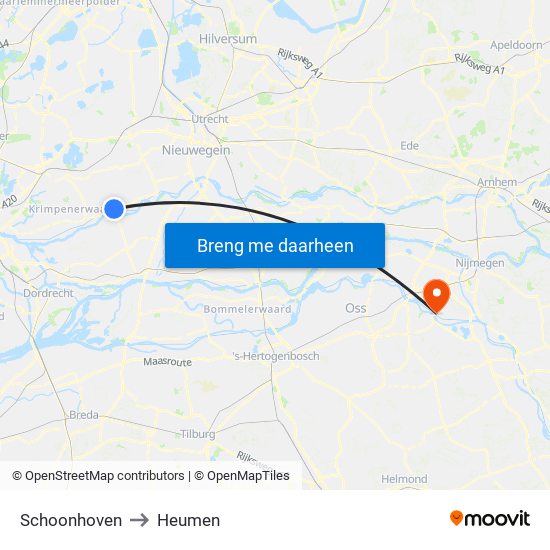Schoonhoven to Heumen map