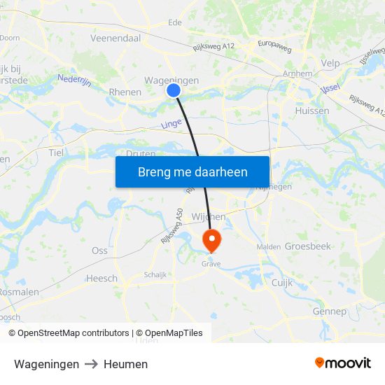 Wageningen to Heumen map