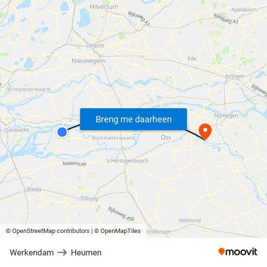Werkendam to Heumen map