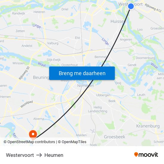 Westervoort to Heumen map