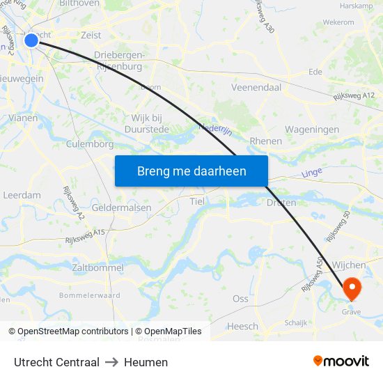 Utrecht Centraal to Heumen map