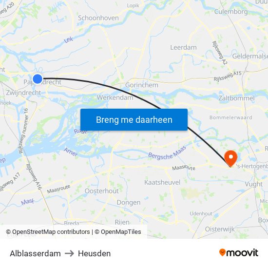 Alblasserdam to Heusden map