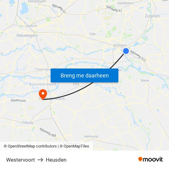 Westervoort to Heusden map