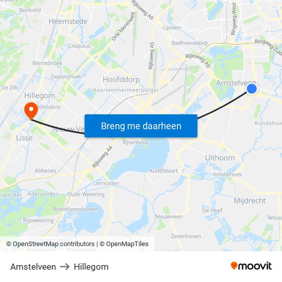 Amstelveen to Hillegom map