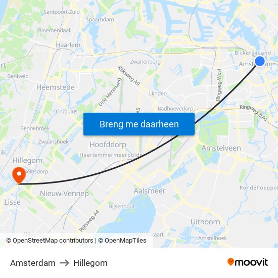 Amsterdam to Hillegom map