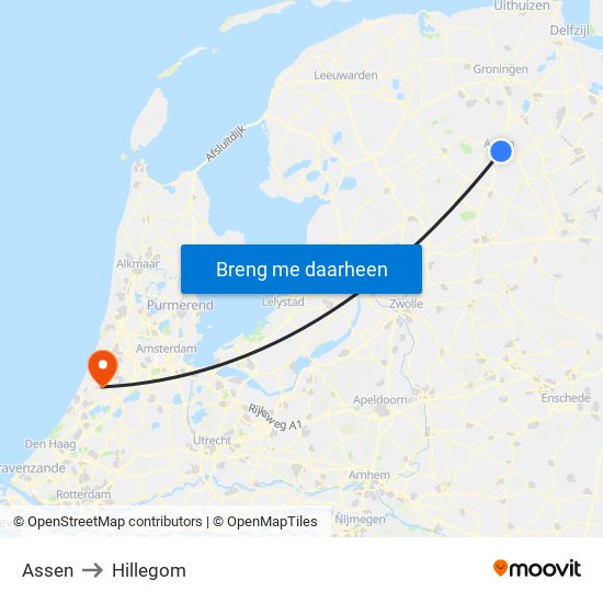 Assen to Hillegom map