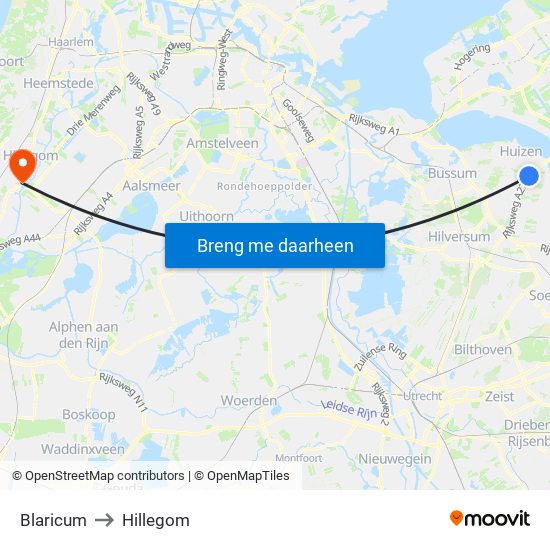Blaricum to Hillegom map