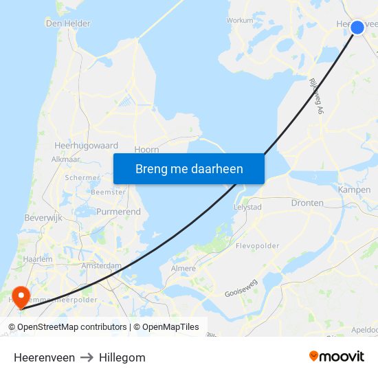 Heerenveen to Hillegom map
