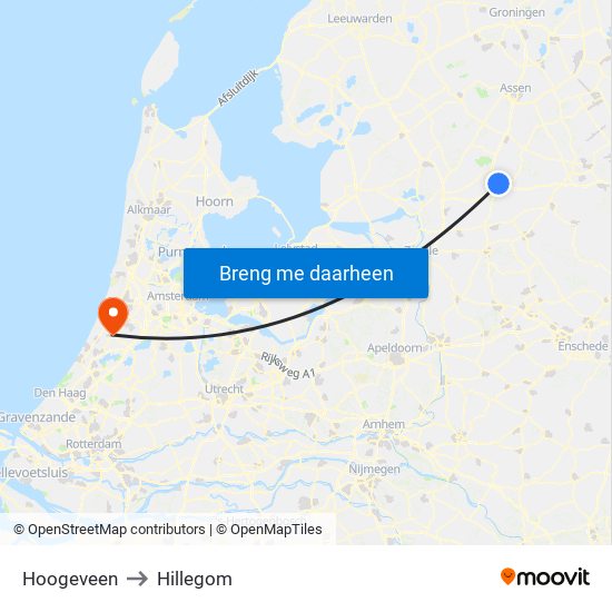Hoogeveen to Hillegom map