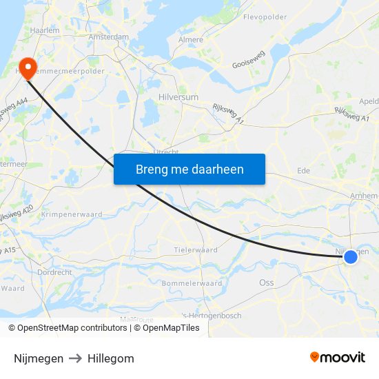 Nijmegen to Hillegom map