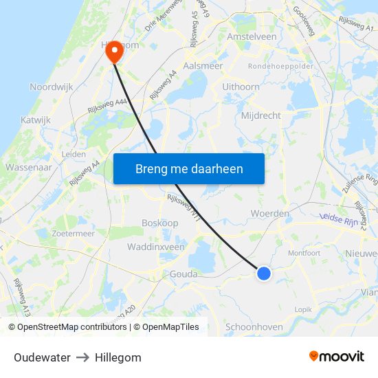 Oudewater to Hillegom map