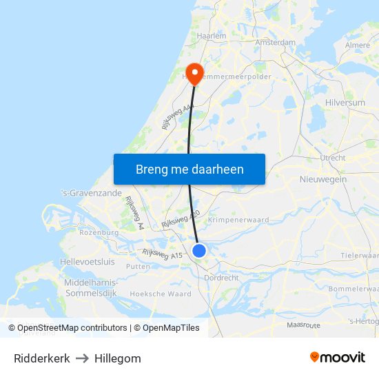 Ridderkerk to Hillegom map