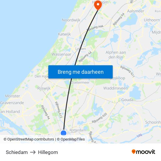 Schiedam to Hillegom map