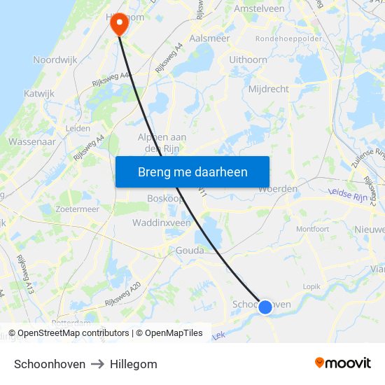 Schoonhoven to Hillegom map