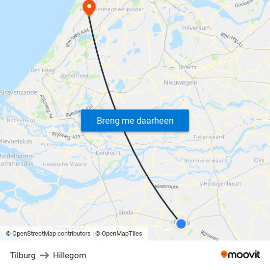 Tilburg to Hillegom map