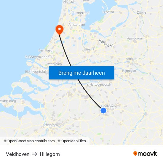 Veldhoven to Hillegom map