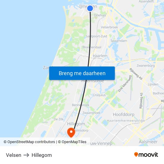 Velsen to Hillegom map