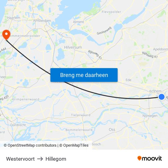 Westervoort to Hillegom map