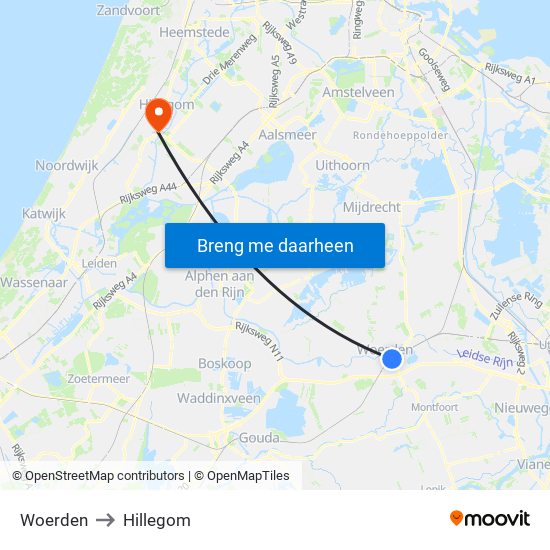 Woerden to Hillegom map